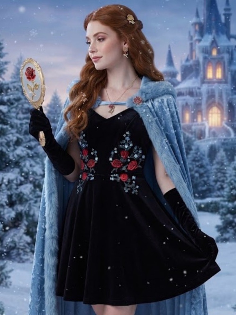 Francesca's Collections Black Velvet Dress with Red Rose Embroidery